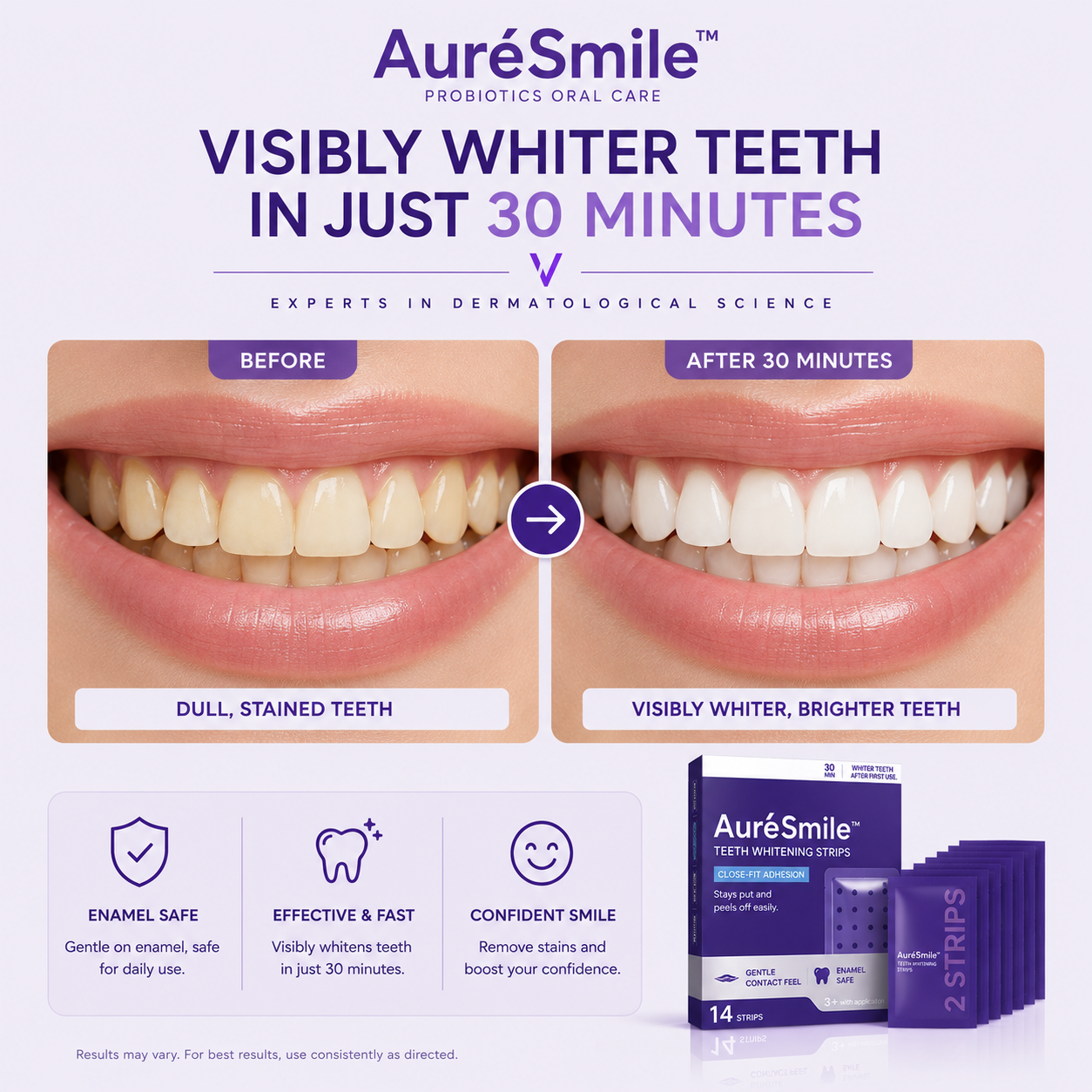 CAVARAS AuréSmile mint teeth whitening strips close-up